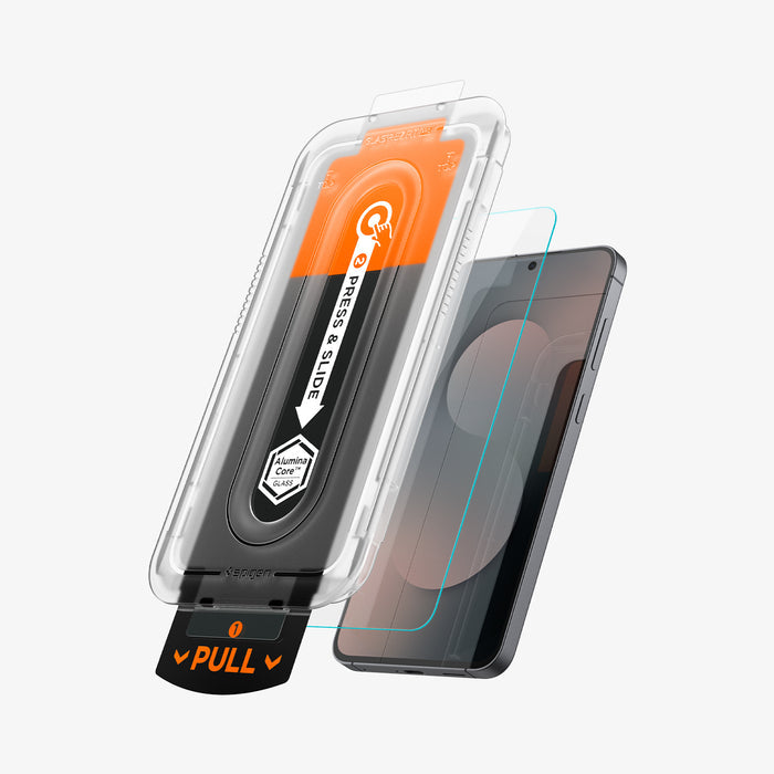 AGL10202 - Galaxy S25 FE GLAS.tR EZ Fit Pro showing the front of the alignment tray hovering above the screen protector and the device