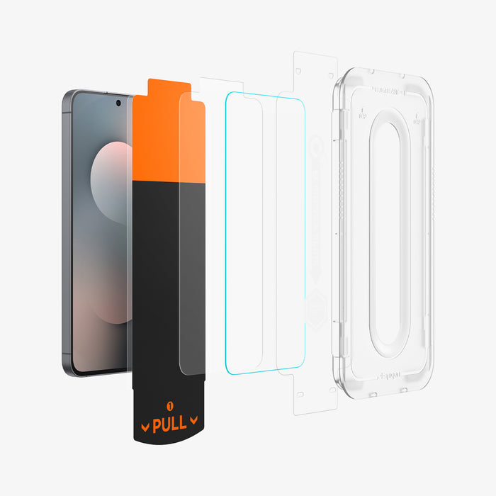 AGL10202 - Galaxy S25 FE GLAS.tR EZ Fit Pro showing the alignment tray, hovering in front of the protective film, screen protector, sticker and the device