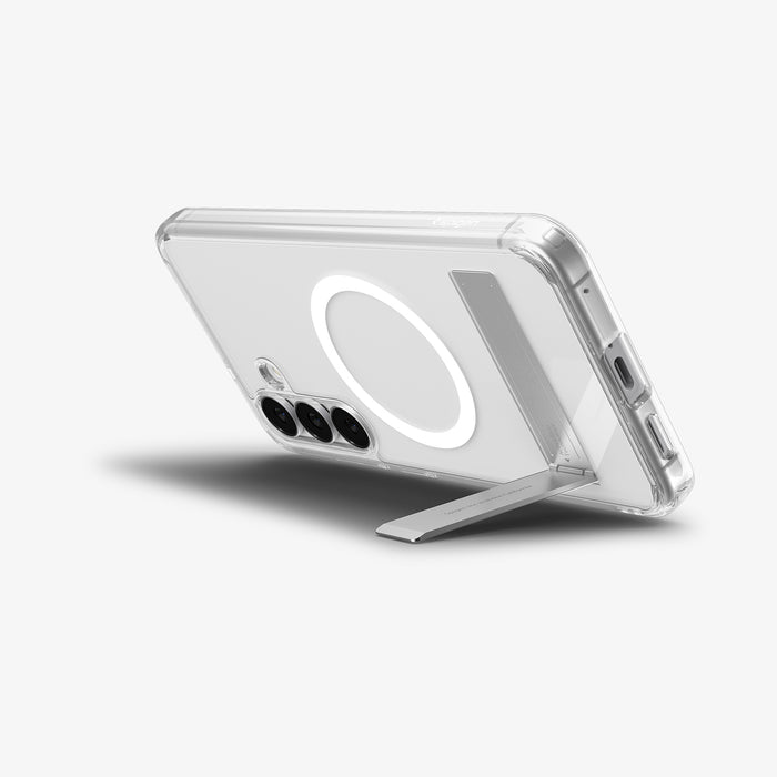 ACS11644 - Galaxy S25 FE Case Slim Armor Essential (MagFit) in clear showing the back with device propped up by built in kickstand