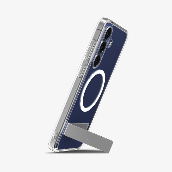 ACS11644 - Galaxy S25 FE Case Slim Armor Essential (MagFit) in clear showing the back and side with device propped up by built in kickstand