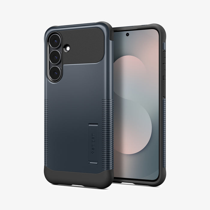 ACS11642 - Galaxy S25 FE Slim Armor (MagFit) in Metal Slate showing the back and next to it, a device facing front and side