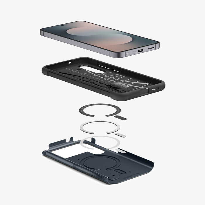 ACS11642 - Galaxy S25 FE Slim Armor (MagFit) in Metal Slate showing the inner case with impact foam hovering above the metal safe ring detached from the hard layer case