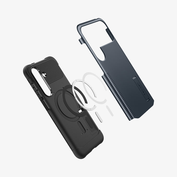 ACS11642 - Galaxy S25 FE Slim Armor (MagFit) in Metal Slate showing the inner case with impact foam hovering above the metal safe ring detached from the hard layer case