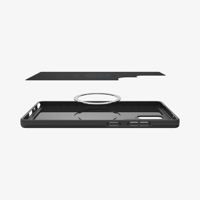 ACS08946 - Galaxy S25 Ultra Case Thin Fit (MagFit) in Black showing the  detached inner layer, hovering above the magring and the case