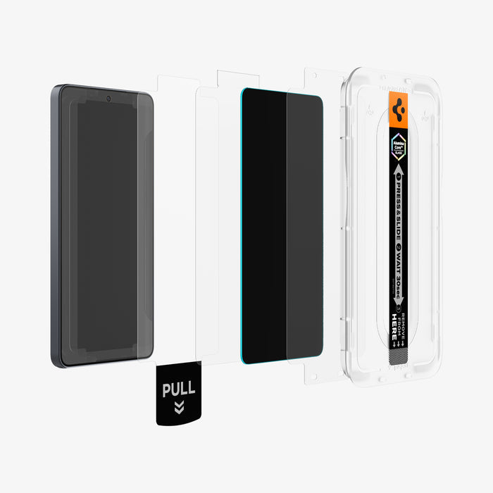 AGL11070 - Galaxy S26 Ultra GLAS.tR EZ Fit Pro | Privacy showing the installation tray hovering in front of a screen film screen, screen protector and the device