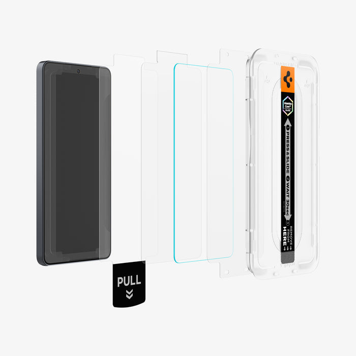AGL11068 - Galaxy S26 Ultra GLAS.tR EZ Fit Pro showing the installation tray hovering in front of a screen film screen, screen protector and the device
