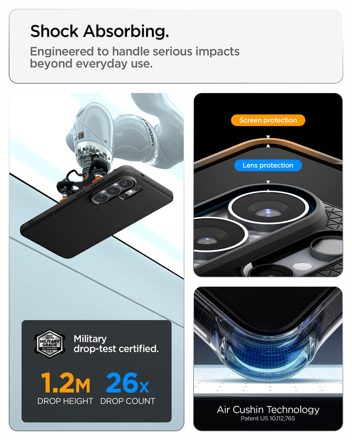 ACS11024 - Galaxy S26 Ultra Liquid Air (Mag Fit) in Matte Black showing shock absorbing. engineered to handle serious impacts beyond everyday use