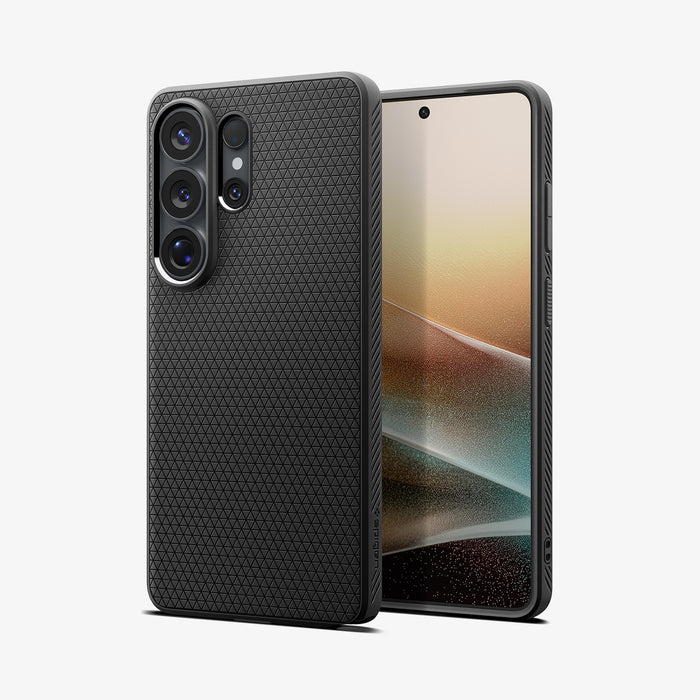 ACS11023 - Galaxy S26 Ultra Liquid Air in Matte Black showing the back with the device, partial back case only, partial front and sides