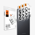 AGL11071 - Galaxy S26 Ultra Optik EZ Fit Lens Pro Protector showing the 2 lens protector hovering in front of the device with the packaging behind it