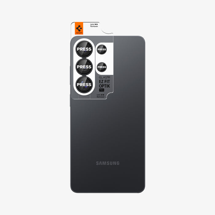 AGL11071 - Galaxy S26 Ultra Optik EZ Fit Lens Pro Protector showing the lens protector tray with lens protector attached to the device