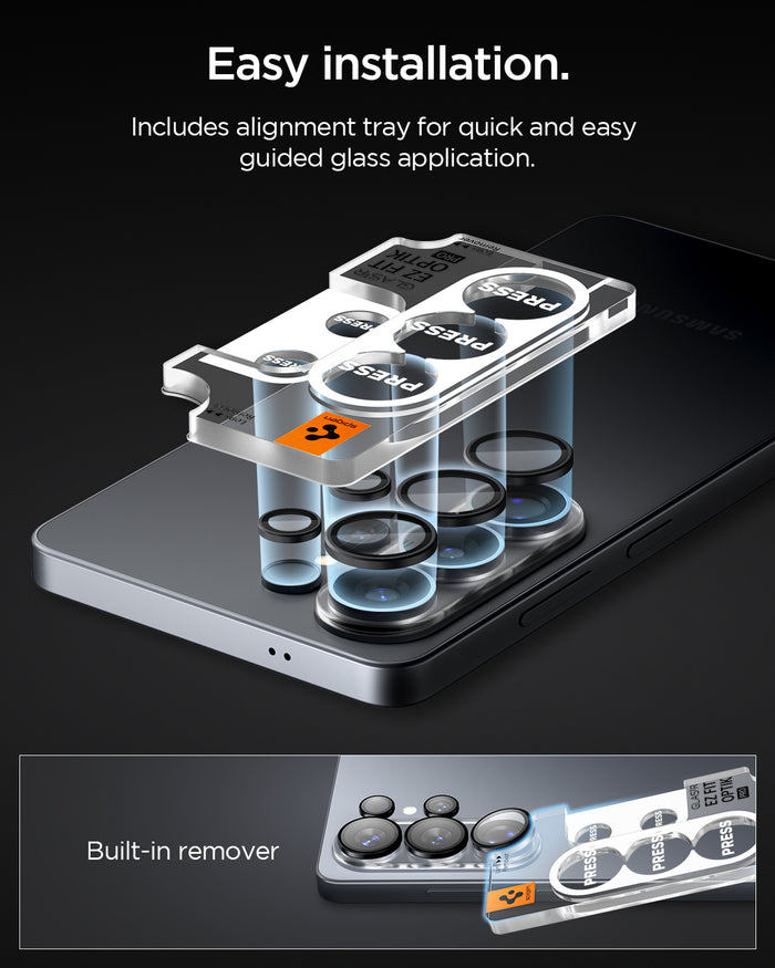 AGL11071 - Galaxy S26 Ultra Optik EZ Fit Lens Pro Protector showing the easy to install. Includes alignment tray for quick and easy guided glass application