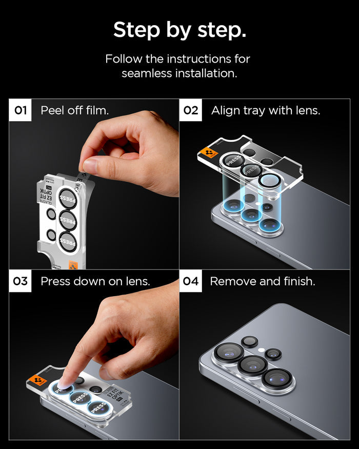 AGL11071 - Galaxy S26 Ultra Optik EZ Fit Lens Pro Protector showing step by step follow the instructions for seamless installation