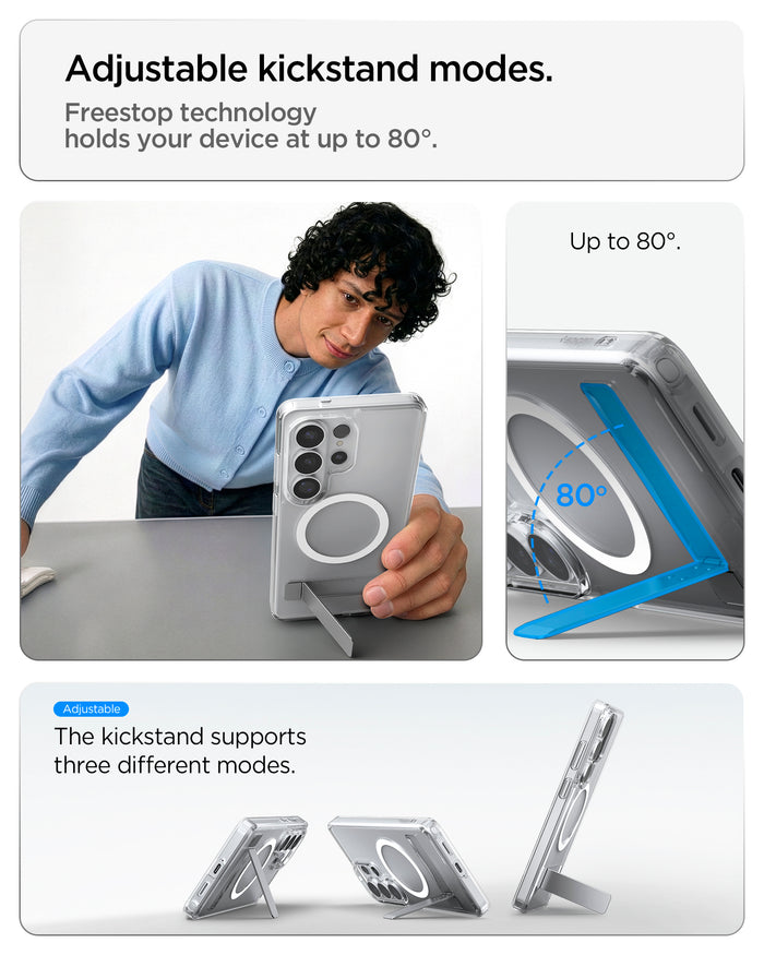 ACS11032 - Galaxy S26 Ultra Case - Ultra Hybrid S (Mag Fit) Clear White showing adjustable kickstand modes. freestop technology holds your device at up to 80 degree