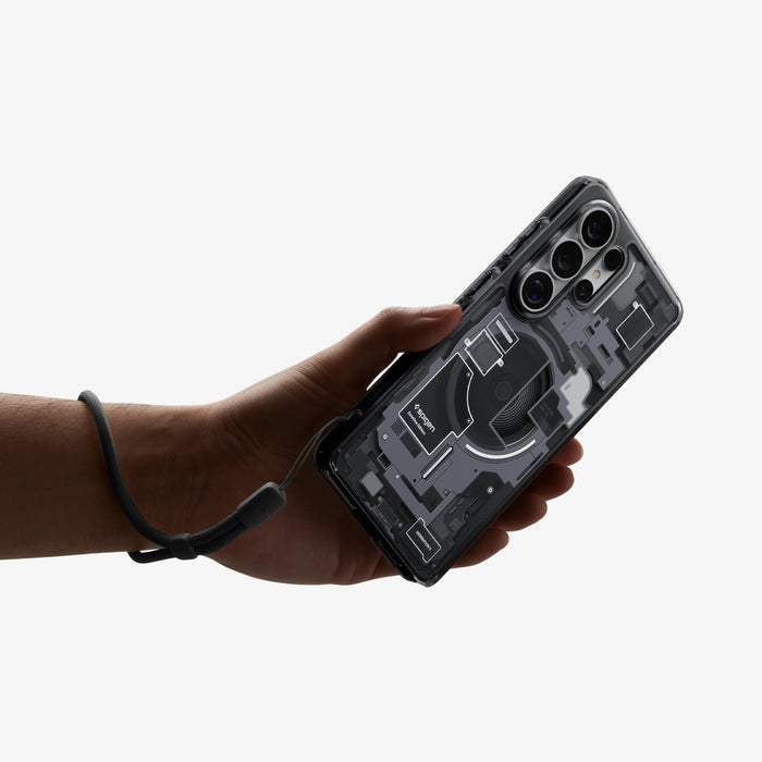 ACS10961 - Galaxy S26 Ultra Case Ultra Hybrid Zero One (Mag Fit) Black showing a hand with strap on with the device and case