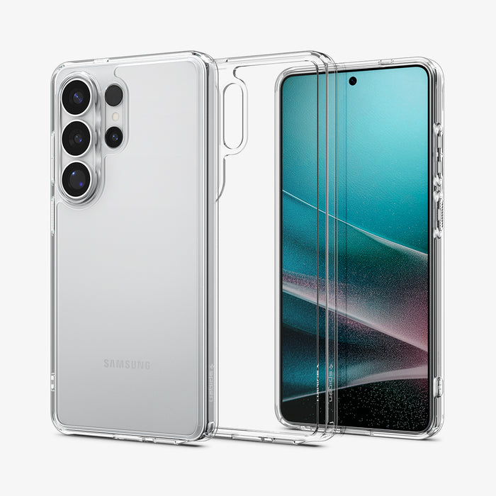 ACS11030 - Galaxy S26 Ultra Case Ultra Hybrid Crystal Clear showing the back with the device, partial back case only, partial front and sides