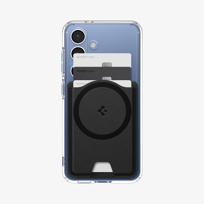 AFA09205 - Galaxy S25 Series MagFit Card Holder Valentinus 3 Cards (MagFit+) in Black showing the front with 3 cards inserted attached to the back of the device