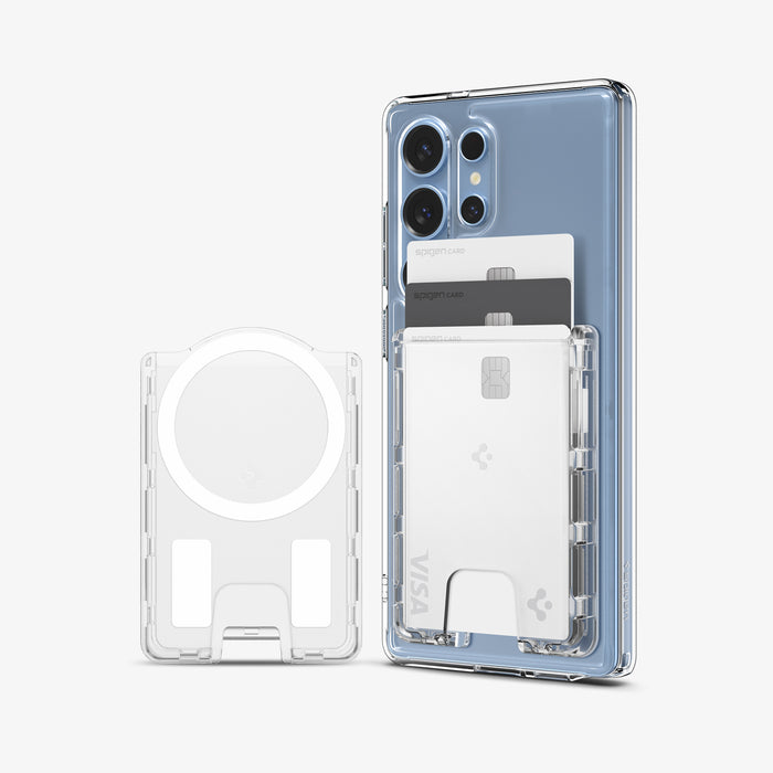 AFA09206 - Galaxy S25 Series Ultra Hybrid MagFit Wallet (MagFit) in Crystal Clear showing the back, front with 3 cards inserted attached to a