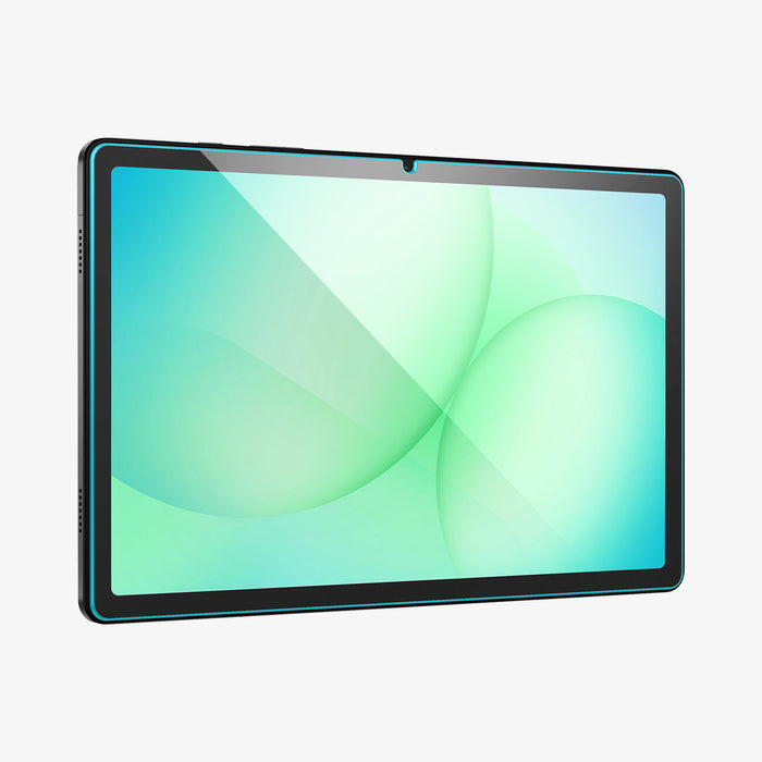 AGL07549 - Galaxy Tab A11+ Clear showing an angled view of the tablet with a slim tempered glass screen protector offering edge-to-edge clarity and precise camera cutout.