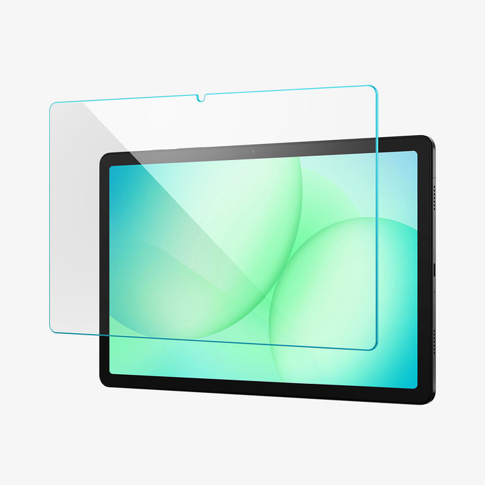 AGL07549 - Galaxy Tab A11+ Clear showing a transparent tempered glass screen protector positioned above the tablet, highlighting its ultra-thin profile and precise cutout alignment.
