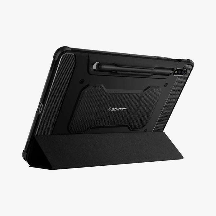 ACS01604 - Galaxy Tab S8 Case Rugged Armor Pro in black showing the back with device propped up by built in kickstand