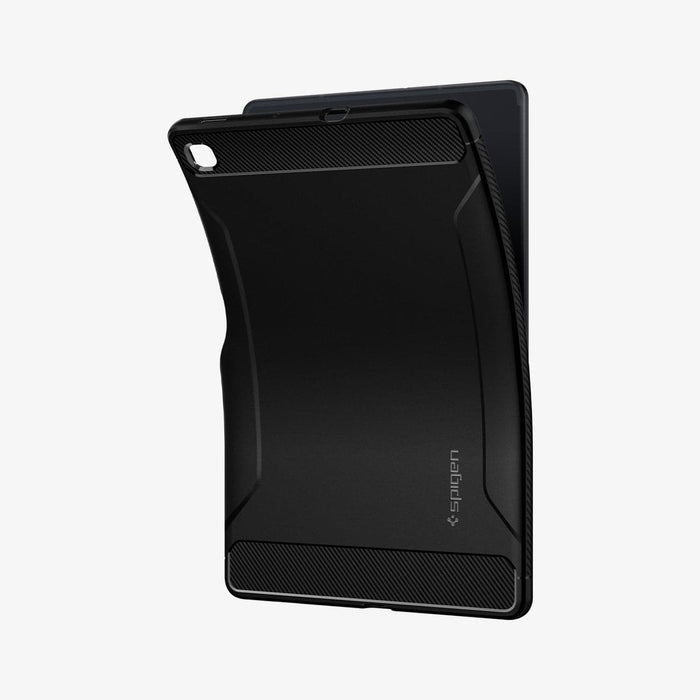 ACS01284 - Galaxy Tab S6 Lite Case Rugged Armor in matte black showing the back with case bending away from device