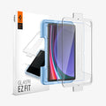 AGL07000 - Galaxy Tab S9 Screen Protector EZ Fit GLAS.tR showing the device, screen protector, ez fit tray and packaging