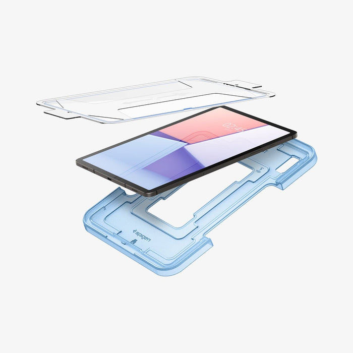 AGL07000 - Galaxy Tab S9 Screen Protector EZ FIT GLAS.tR showing the front and back of ez fit tray hovering around the device