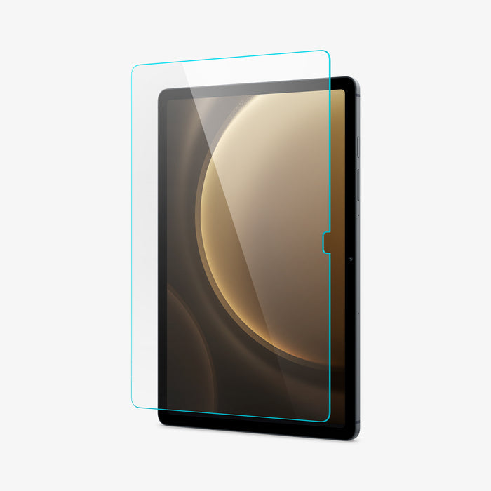 AGL07002 - Galaxy Tab S10 FE Series Screen Protector EZ FIT GLAS.tR showing the screen protector hovering in front of the device