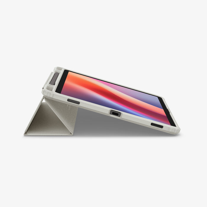 ACS09533 - Galaxy Tab S10 FE Case Ultra Hybrid Pro in Gray showing the partial front and side with front cover converted into stand