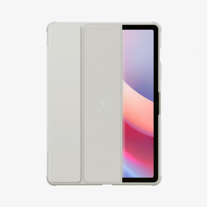 ACS09533 - Galaxy Tab S10 FE Case Ultra Hybrid Pro in Gray showing the front, cover folded in half, exposing partial front of the device