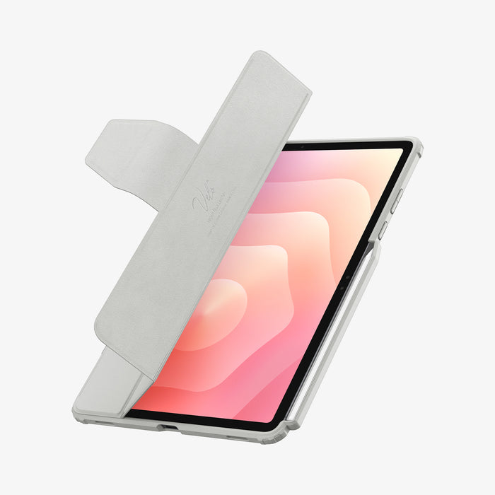 ACS10217 - Galaxy Tab S11 Case Air Skin Pro in Gray showing the partial inner of the device and partial cover lifted