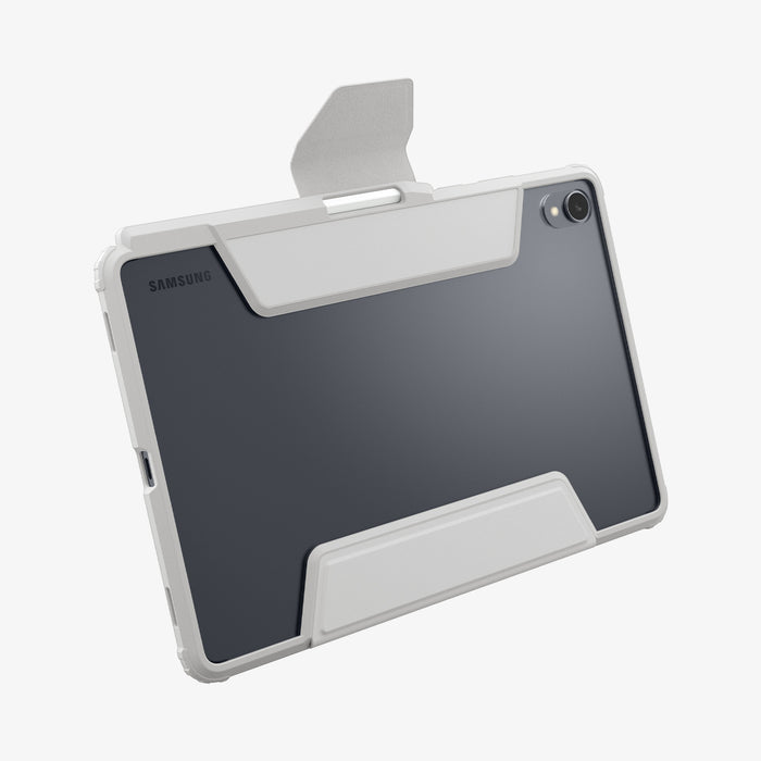 ACS10217 - Galaxy Tab S11 Case Air Skin Pro in Gray showing the back, partial bottom, magnetic lock partially lifted