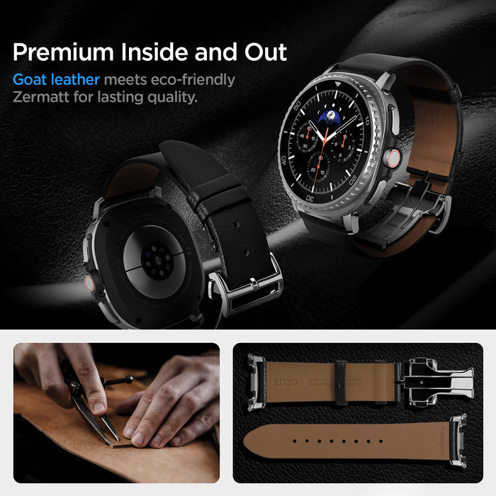AMP10119 - Galaxy Watch 9 Series Enzo showing premium inside and out. Goat leather meets eco friendly zermatt for lasting quality