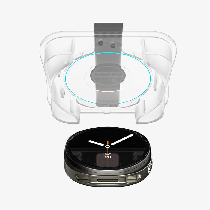AGL09874 - SWi-dj GLAS.tR EZ Fit showing the ez fit tray and screen protector hovering above the watch face