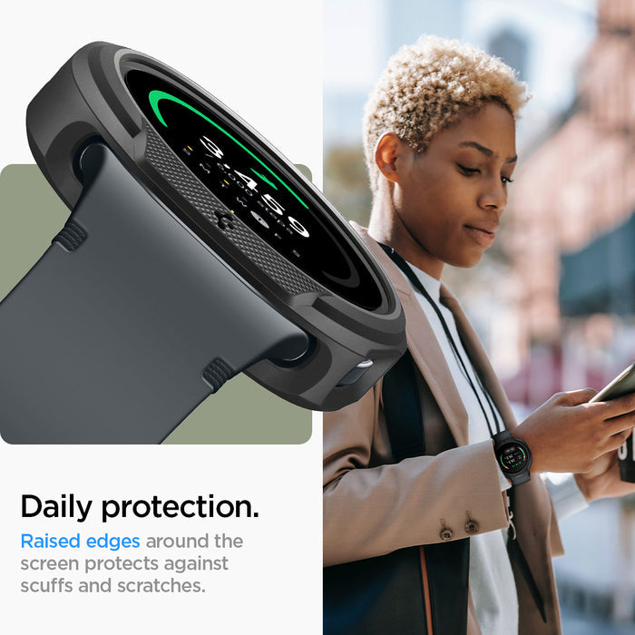 ACS09839 - Galaxy Watch 9 (40mm) Liquid Air showing raised edge protection detail with lifestyle shot of woman wearing the cased watch outdoors