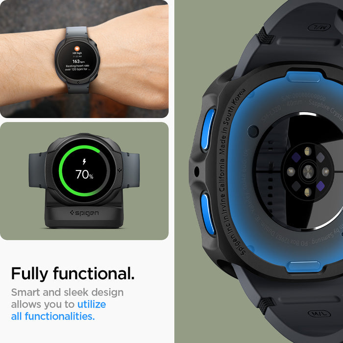 ACS09839 - Galaxy Watch 9 (40mm) Liquid Air showing fully functional button and sensor access with wrist shot and charging dock compatibility