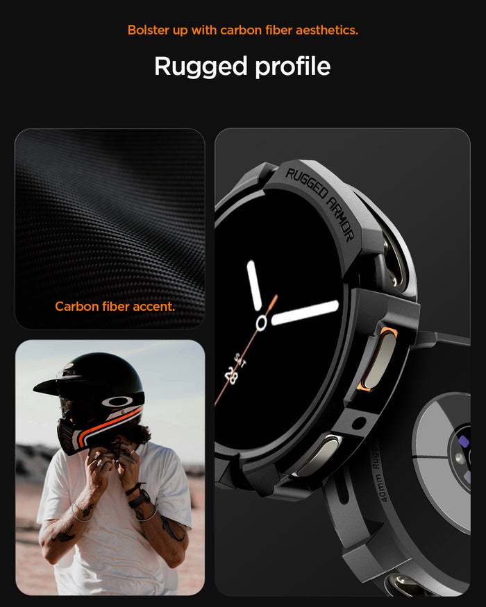 ACS10004 - Galaxy Watch 9 (40mm) Rugged Armor showing bolster up with carbon fiber aesthetics. rugged profile.