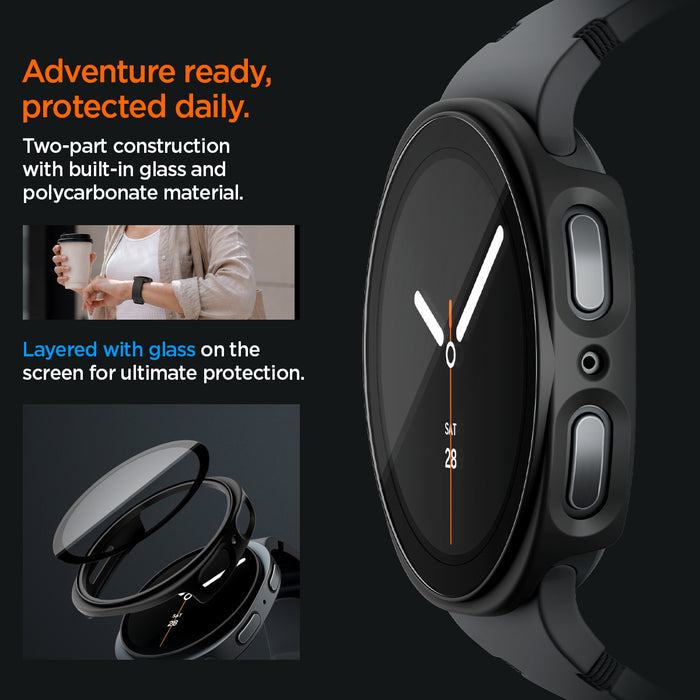 ACS11597 - Galaxy Watch 9 (40mm) Thin Fit 360 showing Galaxy Watch 9 (40mm) case side profile with built-in glass layers, worn while holding coffee