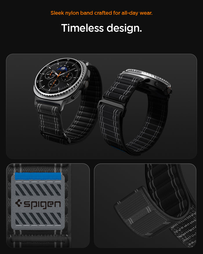 AMP10153 - Galaxy Watch 9 Series WBF0 in black showing sleek nylon band crafted for all day wear. timeless design