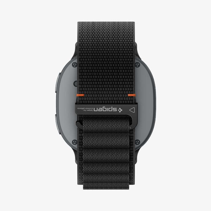 AMP11607 - Galaxy Watch 9 Series WBF1 showing Galaxy Watch 9 watch back with nylon band and Spigen logo detail