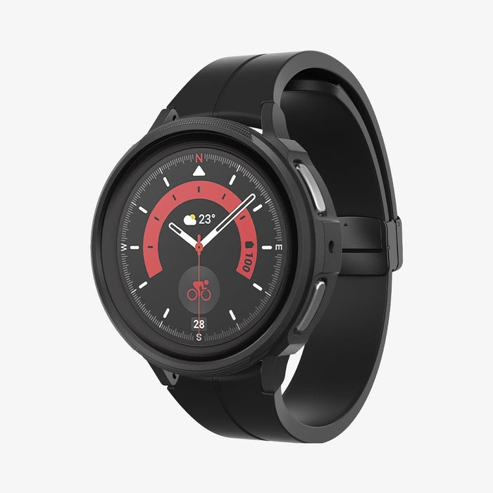 ACS05185 - Galaxy Watch 5 Pro (45mm) Case Liquid Air in matte black showing the front and partial inside of band