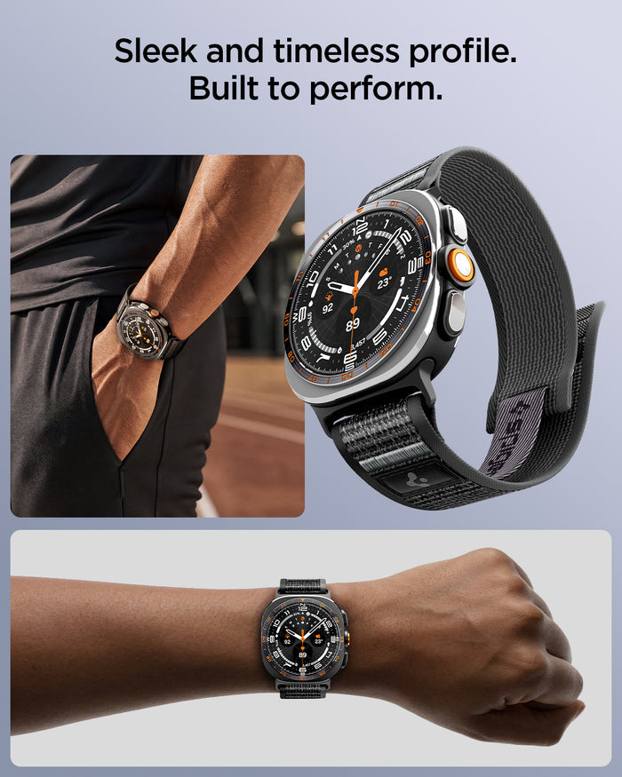 AMP11614 - Galaxy Watch Ultra Series - Athlex Air showing the Galaxy Watch Ultra with the Athlex Air band worn on a wrist, lifestyle shots highlighting the sleek profile during athletic activity.