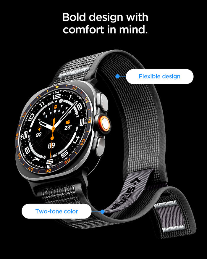 AMP11614 - Galaxy Watch Ultra Series - Athlex Air showing the Galaxy Watch Ultra with the Athlex Air band, close-up view highlighting the flexible design and two-tone color of the strap.
