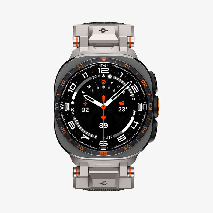 AMP11615 - Galaxy Watch Ultra Series - DuraPro Armor showing the Galaxy Watch Ultra with the DuraPro Armor band in Titanium Gray, front view on white background.