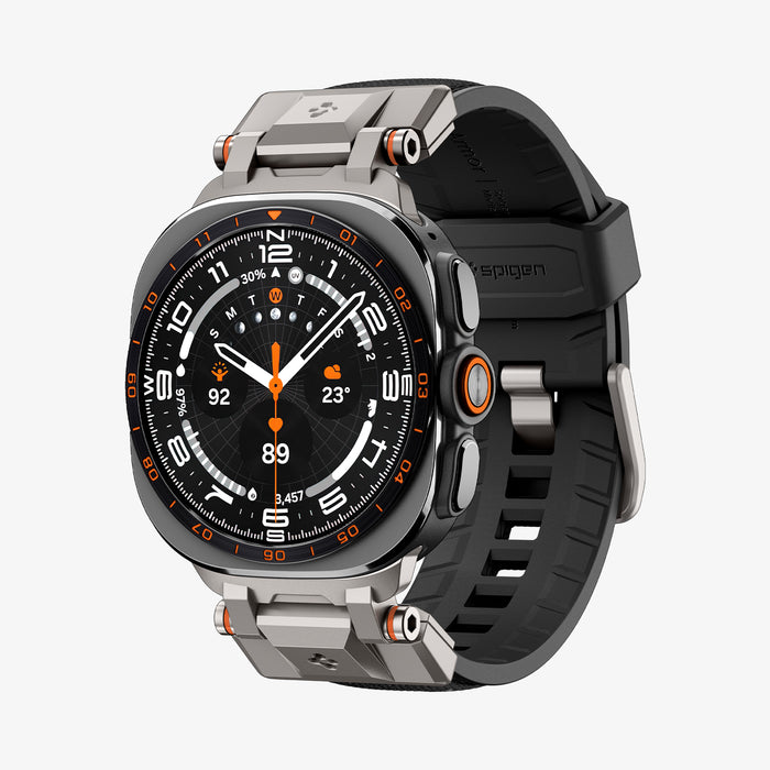 AMP11615 - Galaxy Watch Ultra Series - DuraPro Armor showing an angled view of the Galaxy Watch Ultra with the DuraPro Armor band, highlighting the case buttons and strap texture.