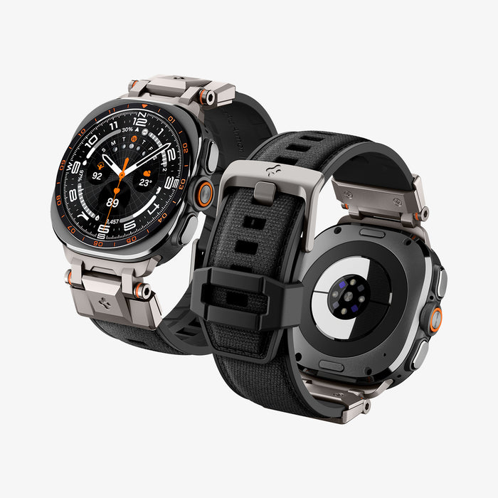 AMP11615 - Galaxy Watch Ultra Series - DuraPro Armor showing two Galaxy Watch Ultras with the DuraPro Armor band, front and back views highlighting the rugged buckle hardware and heart rate sensor.