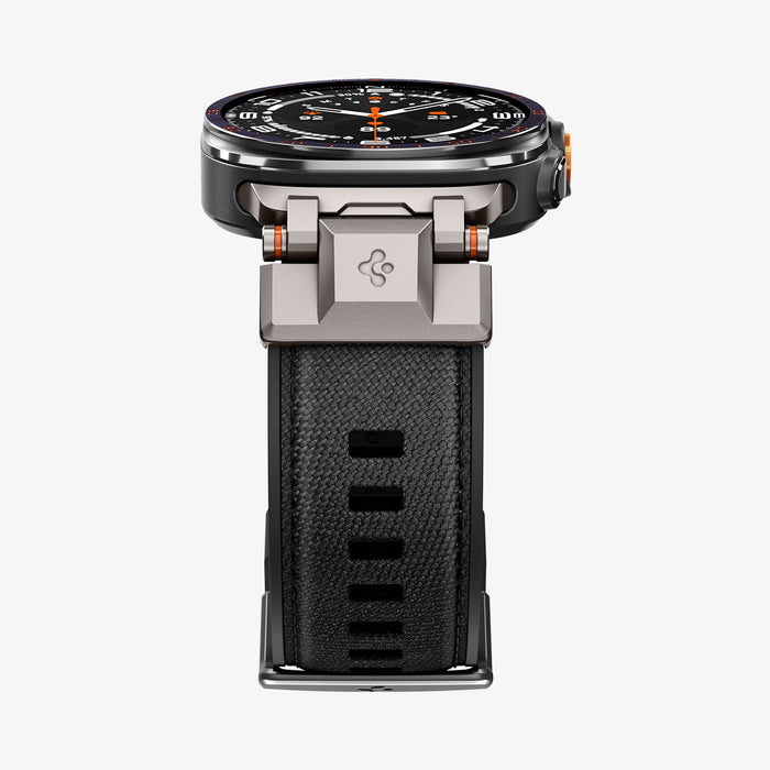 AMP11615 - Galaxy Watch Ultra Series - DuraPro Armor showing a close-up front view of the DuraPro Armor band's connector hinge and Spigen logo.