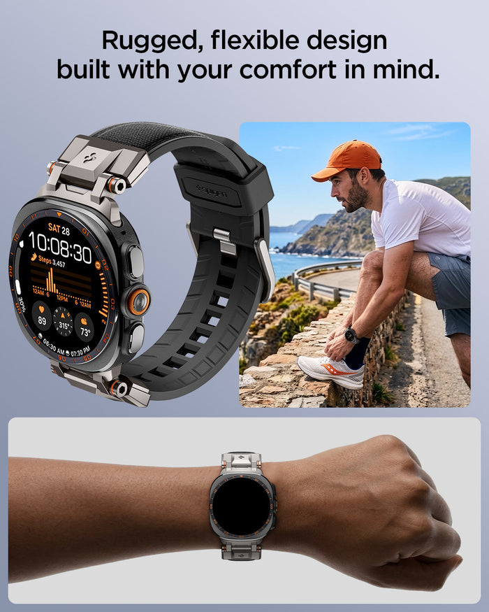 AMP11615 - Galaxy Watch Ultra Series - DuraPro Armor showing the Galaxy Watch Ultra with the DuraPro Armor band, lifestyle shots of a person tying their shoe outdoors and a close-up of the band on a wrist.