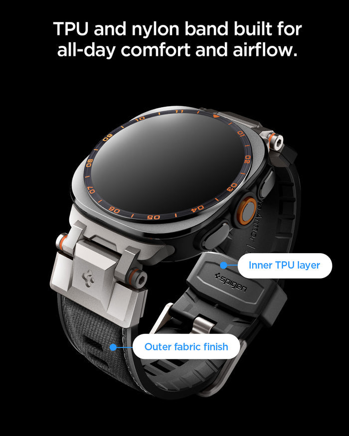 AMP11615  - Galaxy Watch Ultra Series - DuraPro Armor showing a close-up angled view of the DuraPro Armor band highlighting the inner TPU layer and outer fabric finish.