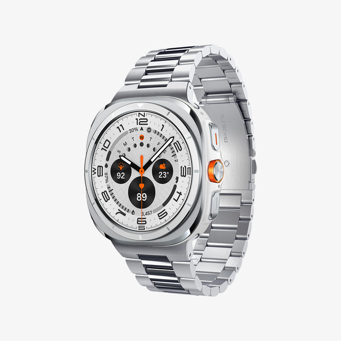 AMP08823 - Watch Ultra (47mm) Modern Fit 316L Band in Silver showing the front, side and inner side of the watch strap